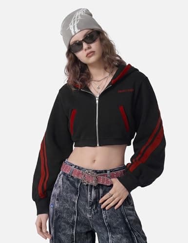 Aelfric Eden Cropped Contrast Stripe Zip Up Hoodie Y2K Long Sleeve Crop Sweatshirts Casual Hooded Jacket Black X-Small - Thumbnail 2