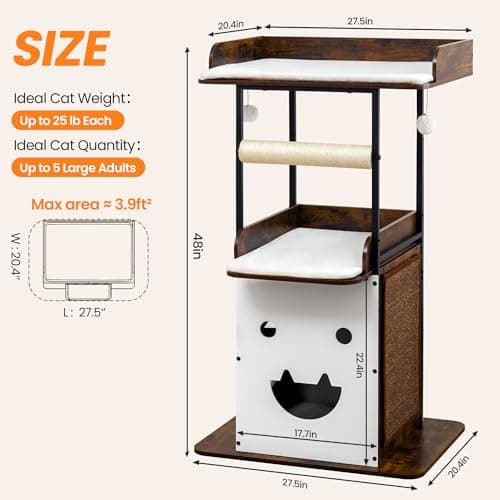 Feliskyn Wood Modern Cat Tree Tower for Indoor Large Cats, 48-Inch Tall Wooden Cat Trees with Big Perch Bed, Multi-Level Condo with Scratching Board Posts, Removable Pads, Cat Furniture, Rustic Brown - Thumbnail 5