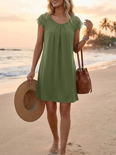 Wenrine Womens Tshirt Nightgown Short Sleeve Soft Sleepwear Casual Sleep Dress with Pockets Army Green - Thumbnail 3