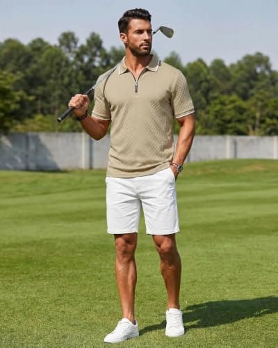 TRFIC Mens Polo Shirts Short Sleeve Casual Polo Shirt Vintage Golf T Shirts Old Money Tops Khaki - Thumbnail 5