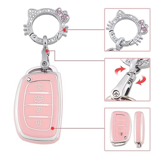 Pangpai Pink Key Fob Cover for Hyundai, Soft TPU Key Case Protection with Bling Keychain Fit for lantra Ioniq Sonata Tucson Elantra GT - Thumbnail 4