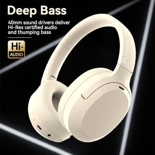 SunoFi Hybrid Active Noise Cancelling Headphones, Wireless Over Ear Bluetooth Headphones with Mic, 40H Playtime, Hi-Res Audio, Deep Bass, Foldable Comfort Fit Ear Cups for Travel, Office, Home (White) - Thumbnail 3