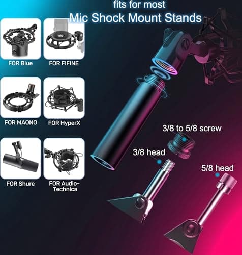 13 PCS Microphone Mount Mic Stand Adapter Parts Set - 3" Extension Tube, Aluminum Alloy 3/8 to 5/8, 1/4 to 5/8 Threaded Screw for Tripod Adapter, Shock Mount, Boom Arm, Projector, Black Anodized - Thumbnail 4