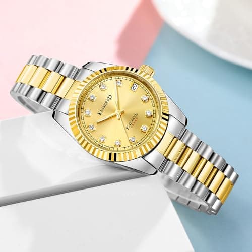 KNISKRED Classic Watch for Women with Crystal Accented and Solid Stainless Steel Band Ladies Dress Watch Water Resistant (Silver Gold) - Thumbnail 4