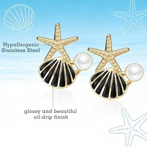 Stainless Steel Starfish & Seashell Summer Beach Earrings for Women, Black - Thumbnail 6