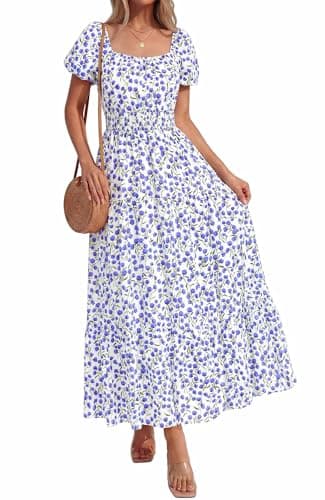 BTFBM Summer Dress for Women 2026 Spring Floral Short Sleeve Casual Flowy A-Line Smocked Tiered Maxi Dresses Pockets(Floral White Blue, X-Large) - Image 1