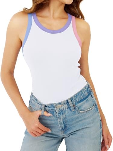GKBK Womens Colorblock Ribbed Tank Tops Crewneck Fitted Cute Sleeveless Racerback Basic Casual Summer Cami Shirts White - Thumbnail 2