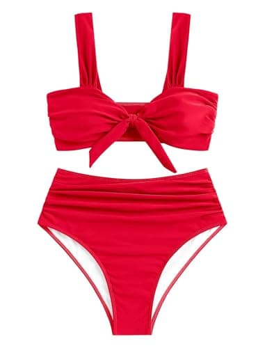 ZAFUL Swim Suits for Women 2026 Ruched Tummy Control Two Piece Swimsuit Tie Knot High Waisted Bikini Sets for Women Red S - Thumbnail 6