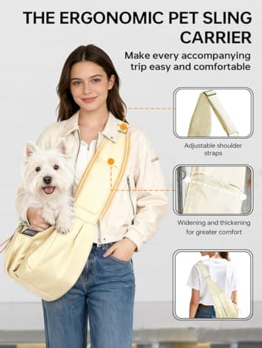 Puppy Sling Carrier for Small Dog-Widened and Thickened Shoulder Strap with Storage Pocket, Adjustable Hands-Free Small Dog Carrier Sling for Outdoor,Cat&Dog Sling Carrier 7-15 lbs, (Light Yellow). - Thumbnail 5