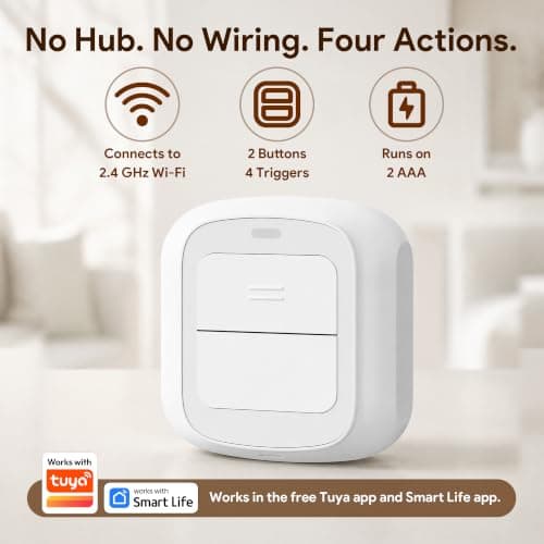 ORYZIC 2-Key Wi-Fi Smart Scene Switch, Tuya Compatible Wireless Wall Remote Light Switch, Battery Powered with Short & Long Press, No Hub Required for Lights, Curtains & Smart Home Routines - Thumbnail 2