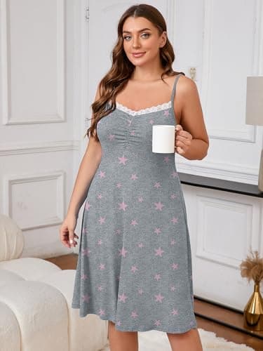 AusLook Plus Size Women's Nightgown Pink Stars 1X Spaghetti Strap Sleepwear Soft Sleeveless Lace V Neck Cami Sleep Dress - Thumbnail 4