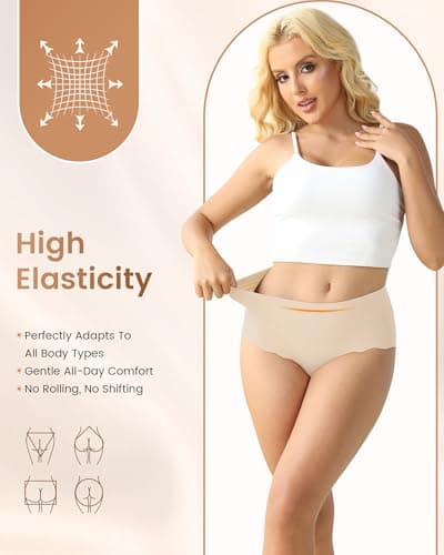 Cevapro Seamless Underwear for Women, High Waisted Women's Panties with Wave Edge No Show Full Coverage Ladies Briefs 6 Pack - Thumbnail 4