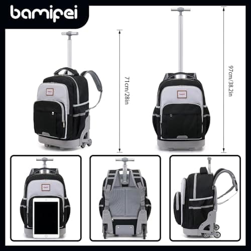 BAMIFEI 18 Inch Black Rolling Backpack for Kids, Black Climb Stairs Rolling Backpack Carry On Wheeled School Backpack, Spacious Multiple Compartments Quiet Wheels Travel Backpack for Boys - Thumbnail 4