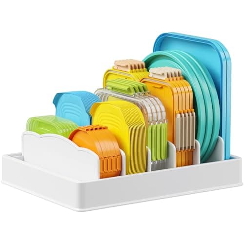Lifewit Plastic Lid Organizers Inside Cabinet, Lid Holder with 6 Adjustable Dividers & 7 Compartments for Home Organization and Storage, Plate Organizer for Kitchen & Pantry, 13" x 10"