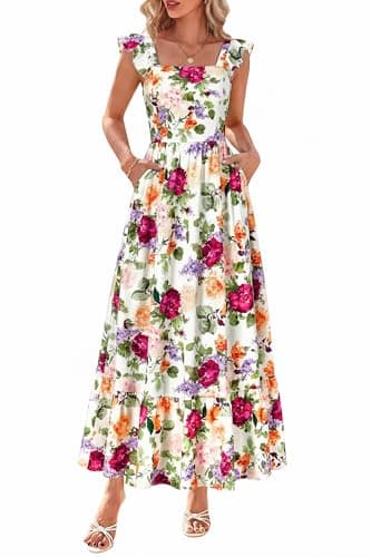 dowerme Womens Summer Dresses 2026 Ruffle Sleeve Square Neck Floral Boho Midi Dress Spring Smocked Beach Party Sundress(Floral White Multicolored,X-Large) - Image 1