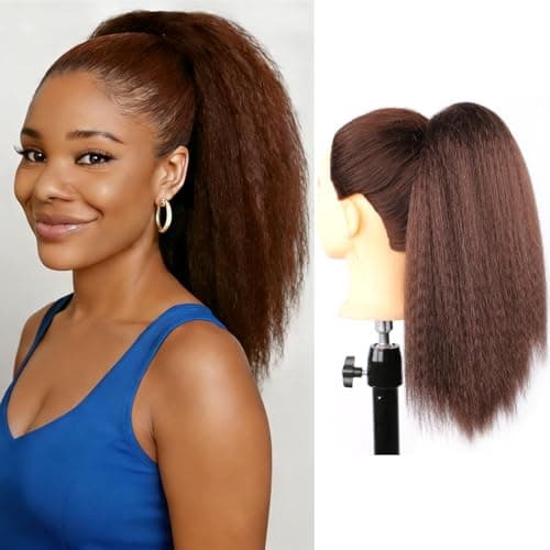 Servintha Yaki Straight Ponytail 14 inch Chocolate Brown Drawstring Ponytail for Black Women Fake Pony Tail Hair Extension Synthetic Hair Extensions Hairpieces Color 4