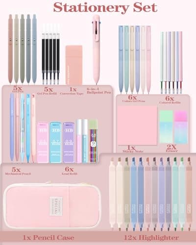 54Pcs Aesthetic School Supplies Set with Large Pastel Pencil Case 12 Dual Tip Highlighters, 6 Gel Pens, 5 Black Pens, 5 Mechanical Pencils (0.5-2.0mm) for Students Stationary College Essentials Gifts - Thumbnail 2