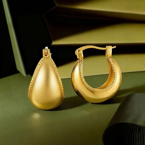 Cicy Bell Hoop Earrings for Women 18K Gold Plated Chunky Twisted Edge Drop Earrings Hypoallergenic Elegant Stylish Hanging Jewelry Gifts - Thumbnail 6