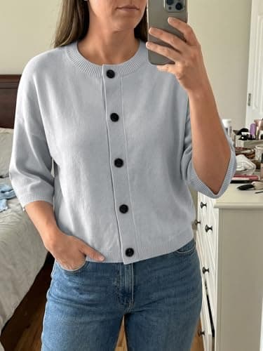 Saodimallsu Womens Short Sleeve Cardigan Sweaters Crew Neck Button Down Lightweight Casual Summer Knit Tops - Thumbnail 2