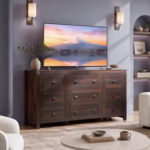 GALAXHERO Farmhouse TV Stand, 63" Wide 9-Drawer Storage Organizer, Wood TV Console for Living Room, Office, for 70 inch TV, Ball Bearing Slide, Brown - Thumbnail 2