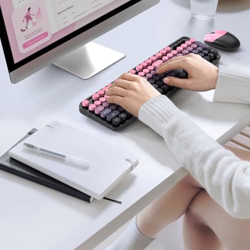 MOFII Wireless Keyboard and Mouse Combo, Retro Typewriter Keyboard with Colorful Round Keycaps, 2.4GHz USB Plug Play Connection for PC Laptop Windows XP/7/8/10 (Berry Pink) - Thumbnail 4