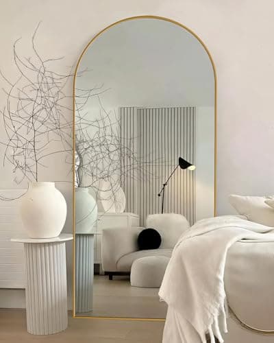 CQHVKQ 71"X32" Large Floor Mirror Full Length, Arched Full Length Mirror with Stand, Hanging Or Leaning Full Body Mirror for Bedroom Living Room (Gold)