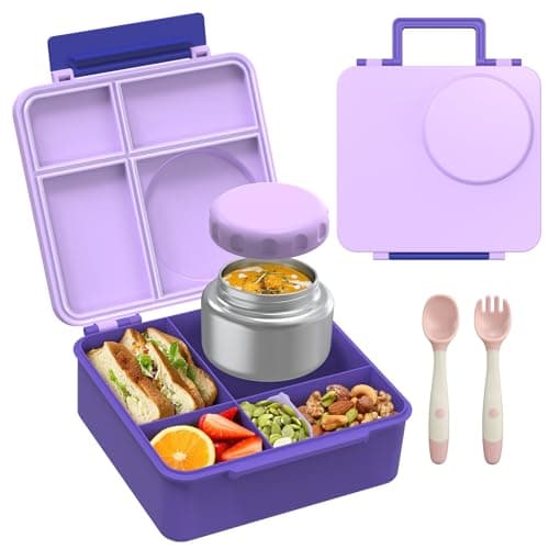 Bento Lunch Box Set for Kids with 8oz Soup Thermo, Leak-Proof Lunch Containers with 4 Compartment, Thermo Hot Insulated Food Jar and Foldable Fork Spoon for Kids to School (Pale Purple) - Image 1