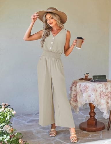 LOOKBOHO Women's Jumpsuit Romper Dressy Sleeveless Casual V Neck Jumpers Wide Leg Pants One Piece Summer Outfit(AT,L) - Thumbnail 2
