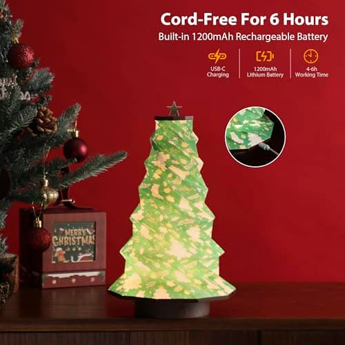 ZBOLE 12-inch Vertical Christmas Tree Lamp,Christmas Decorations with RGB Lights, 1200mAh Battery-OperatedColor Changing Touch Star, Portable Desktop Decor for Office, Home, (Walnut) - Thumbnail 5