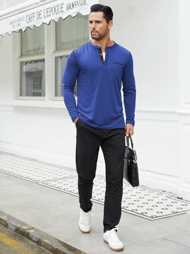 Hardaddy Men's Color Contrast Henley Shirt Long Sleeve Button T-Shirt Lightweight Henley Tshirt for Men Basic Pullover Shirt with Pocket Royal Blue 3XL - Thumbnail 5