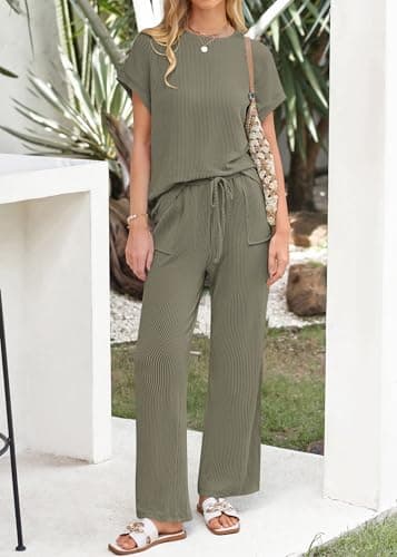 KIRUNDO 2 Piece Sets for Women Dressy Casual Ribbed Knit Short Sleeve Tops Wide Leg Pants Lounge Set Travel Airport Outfits(Sage Green, Small) - Thumbnail 3