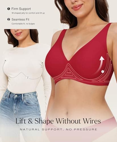 Red Bra Wireless Push Up Bra Seamless Bras for Women Comfy No Underwire Supportive Bralettes Deep V Comfortable Tshirt Bras M - Thumbnail 2