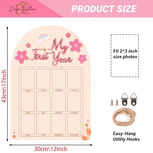 DegoCyhton My First Year Photo Frame, Wooden 12 month picture frame for baby first year, Easy Photo Insert, Smooth Safe Edge, With Hang Hooks, For 0-12 Month Newborn, Baby Birthday Keepsake Gift - Thumbnail 5