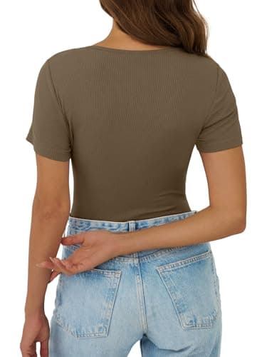 GKBK V Neck T Shirts for Women Lace Tops Going Out Casual Ribbed Tight Fitted Shirts Basic Tee Shirt 2026 Spring Clothes Summer Fashion Outfits Trendy Brown - Thumbnail 5