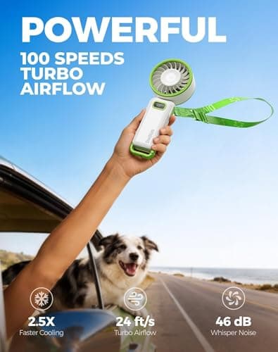 Diveblues Portable Turbo Fan, 7.4m/s High Speed Handheld Fan, 180° Foldable 4-in-1 Personal Neck Fan with Carabiner Clip, 100 Speed Stepless Control, USB-C Rechargeable for Travel, Makeup Hot Flashes - Thumbnail 2