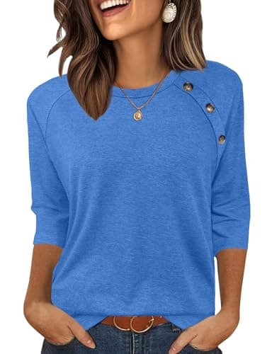 Bakoliza Womens Tops 3/4 Length Sleeve Shirts Crew Neck Blouses Dressy Casual Summer Outfits Vacation Clothes Blue - Image 1