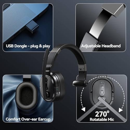 TECKNET Trucker Bluetooth Headset, Stable V5.2 & USB Dongle Connection, 70h Wireless Bluetooth Headsets with Mic and Mute, ENC Noise Canceling, Headset for Truck Drivers, Cell Phone, PC Comfort Office - Thumbnail 5