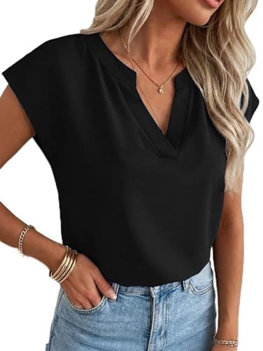 Funlingo Dressy Tops for Women Business Casual V Neck Cap Sleeve Plus Size Blouses 2026 Summer Trendy Loose Office Work Black Shirts 3XL - Image 1