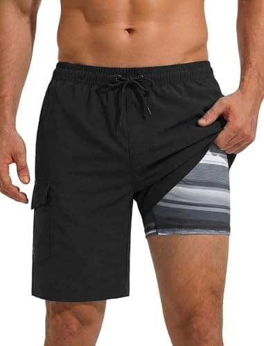 SILKWORLD Men Swim Trunks Mens Swimming Trunks Shorts 9 Inch Bathing Suit with Compression Liner Beach Wear Black Striped L - Image 1