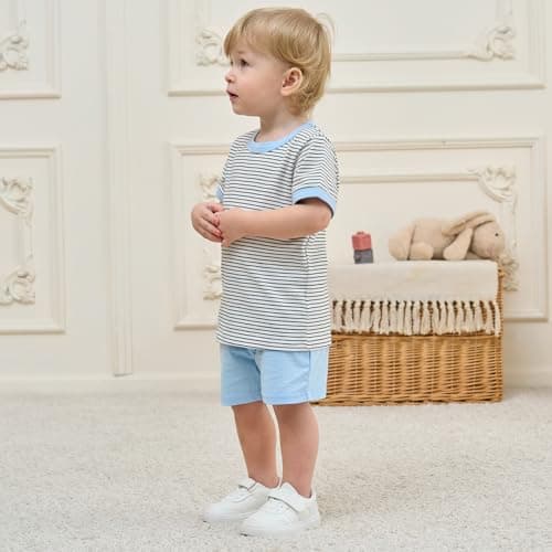 JiuBreeze Toddler Baby Boy Summer Outfit Striped Short Sleeve T-Shirt Shorts Set 2-Piece Boys Outfits Clothing Sizes 18M-5T (Blue, 3-4T) - Thumbnail 3