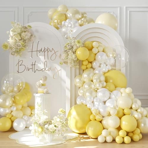 Yellow Balloon Arch Kit, 126Pcs Double Stuffed Pearl Yellow White Clear Balloons for Wedding Baby Shower Bridal Shower Engagement Birthday Party Decorations - Image 1