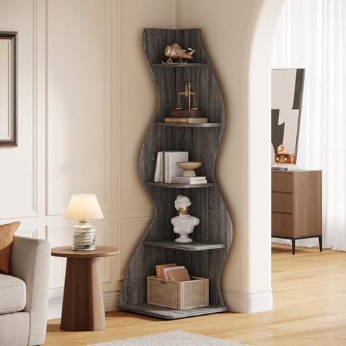 Tribesigns Wavy Corner Shelf, Modern 5-Tier Bookshelf Bookcase with Curvy Shape, Unique Plant Stand Display Rack for Living Room Small Space (Gray) - Thumbnail 3
