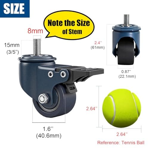 TESUMI M8 Stem 1.6 Inch Caster Wheels, Metric M8-1.25 Threaded Stem Casters Set of 4 Heavy Duty 450LBS Load, Locking Brake Swivel Small Castor Wheels for Furniture Carts Wire Shelving Workbench - Thumbnail 3