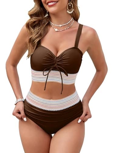 VIAURBE Women High Waisted Bikini Sets Tummy Control Swimsuits Color Block Two Piece Drawstring Bathing Suit Brown 2XL