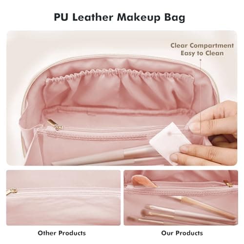 Prite Makeup Bag for Women Travel Waterproof Vegan Leather Cosmetic Bag Open Flat Toiletry Bag With Clear Divider and Handle (Plaid Pink, Medium) - Thumbnail 6