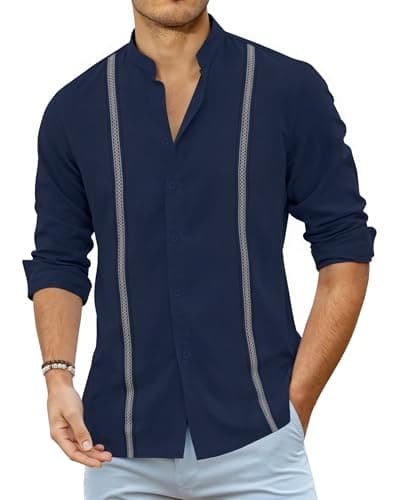 JEKAOYI Mens Linen Shirts Long Sleeve Button Down Shirts Business Dress Clothing Beach Vacation Summer Tops Navy Blue - Image 1