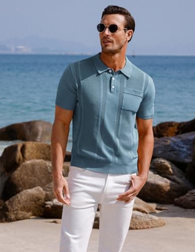 GRACE KARIN Men's Knit Polo Shirt Casual Lapel Collar Button Up Business Golf Polo Tee Shirts for Dinner Grey Blue XXL - Thumbnail 2