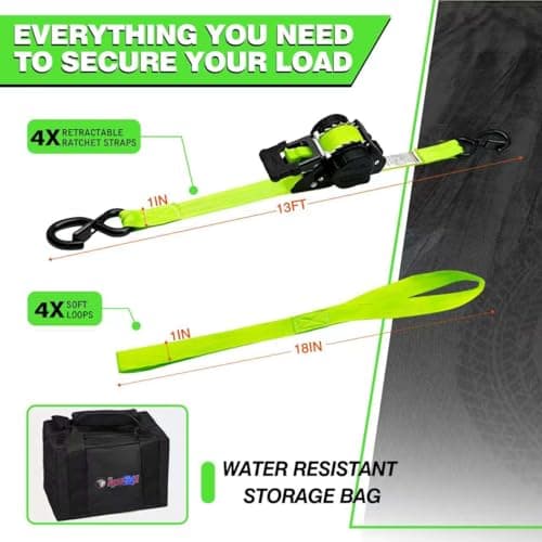 Retractable Ratchet Straps (4-Pack) - Heavy Duty Auto Slow Retraction Tie Down Straps - 1 Inch x 13 Feet (1,800lb Break Strength) for Truck, Cargo Trailer, Motorcycle, ATV, UTV - Fluorescent Green - Thumbnail 5