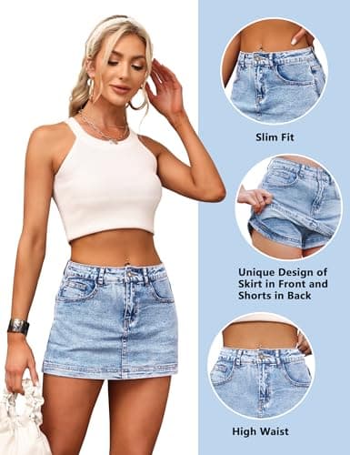 BISUAL Denim Skort for Women High Waist Mini Denim Skirt Casual Stretch Women Jean Skirt with Pockets - Thumbnail 5