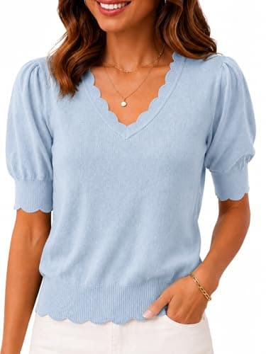 MONORA Women’s Short Sleeve Sweater Puff Sleeve Scalloped V Neck Knit Top Lightweight Pullover for Work Business Casual - Image 1